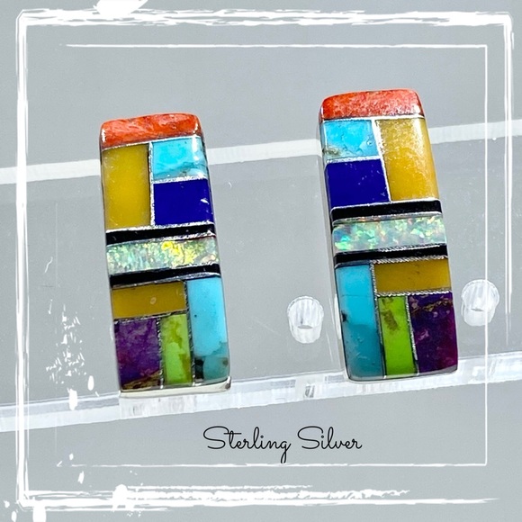 Signed-SM Multi Stone Inlaid Curve Sterling Silver Post Back Native Earrings - Picture 4 of 10